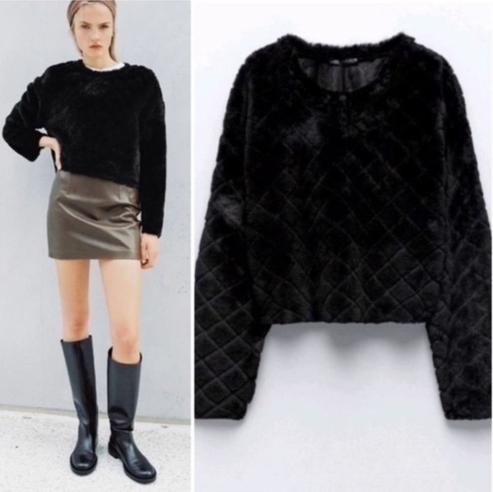 Zara Faux Fur Pullover Size M Black Crew Neck